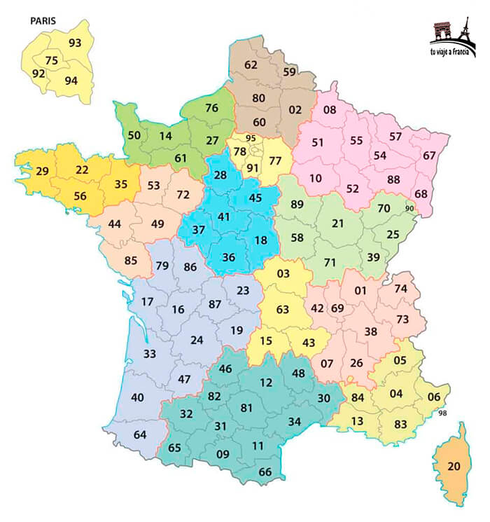 Mapa de los departamentos de Francia