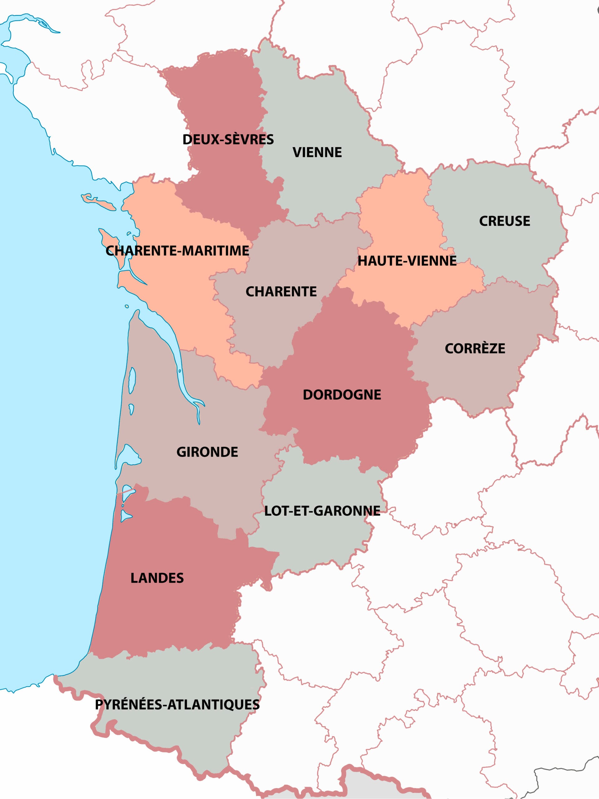 Mapa de la región de Nueva Aquitania, Francia
